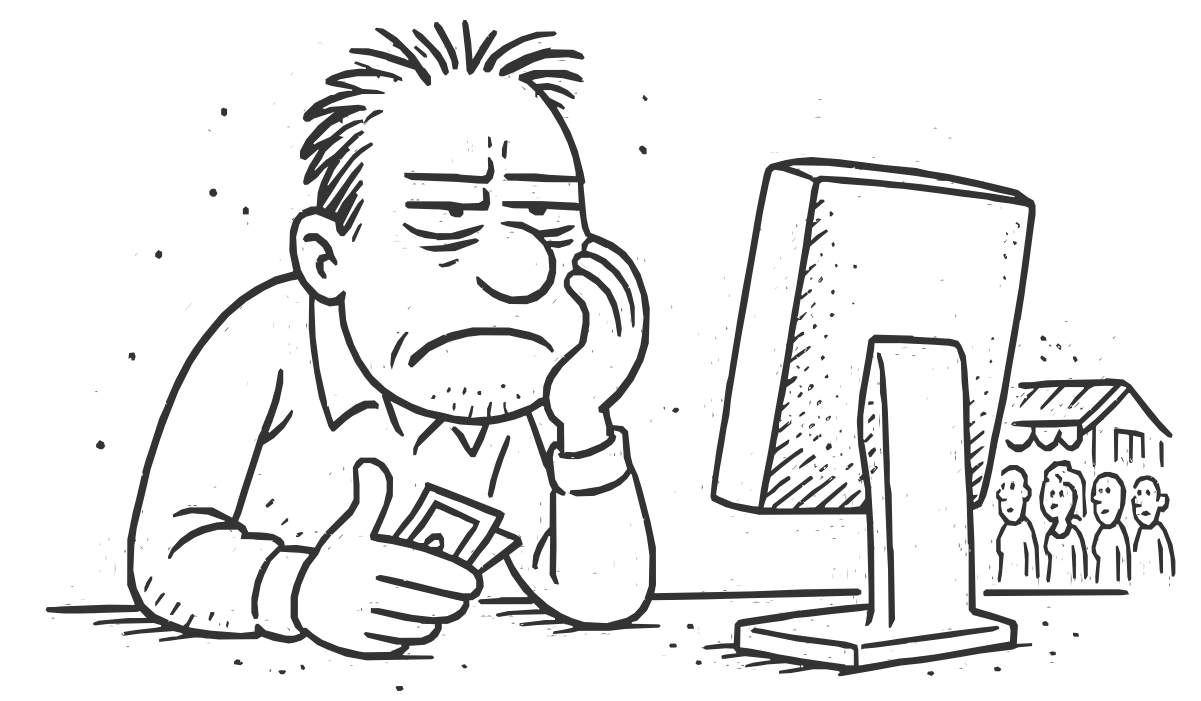 Confused online shopper holding cash stares at a screen, unable to complete a purchase—while real customers are visible outside. Vintage cartoon style.