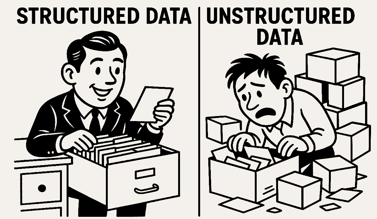 Vintage cartoon showing a smiling man using a labeled filing cabinet (structured data) and a stressed man digging through unlabeled boxes (unstructured data), symbolizing data clarity for AI.