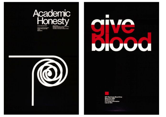 Two minimalist posters by graphic designer Jacqueline S. Casey. The left poster reads “Academic Honesty” in white text on a black background with a bold white geometric spiral design. The right poster reads “give blood” in bold white and red text, split horizontally with color bands, also on a black background.